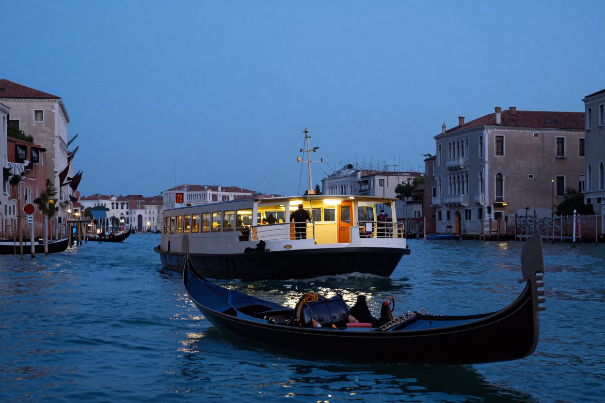 Venice Italy Evening Blue Hour Chain Ferry Crossing Canal with Gondola and Historic Architecture in in Venice, Italy