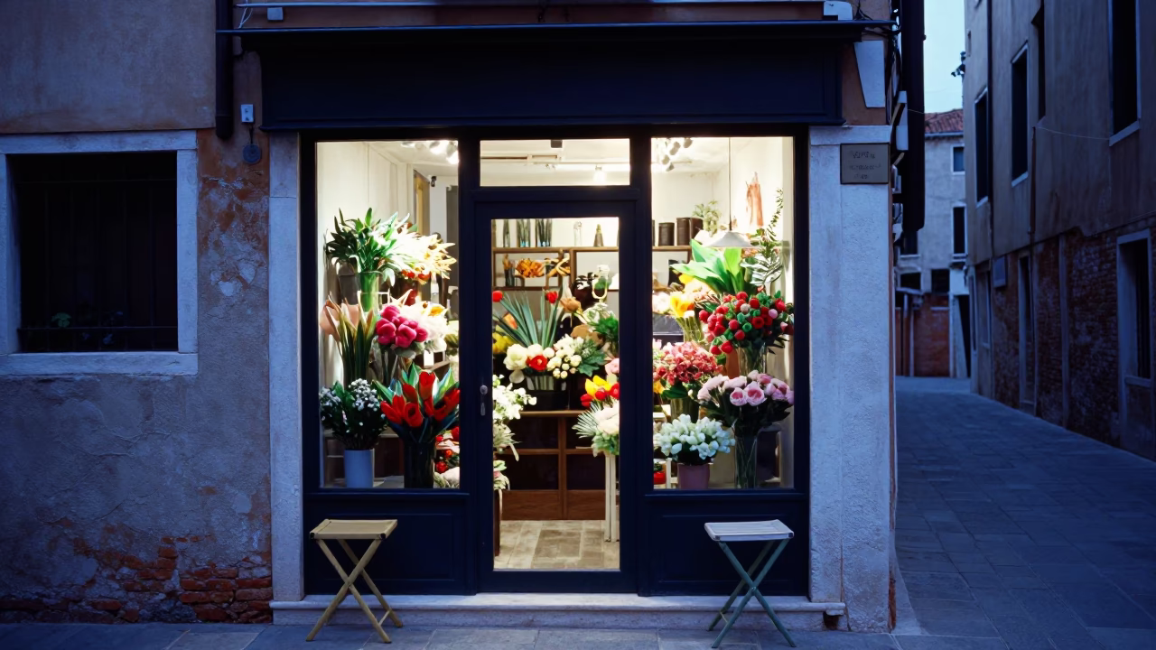 Venice Italy Evening Blue Hour Florist Shop with Folding Stools and Jacaranda Bloom in in Venice, Italy