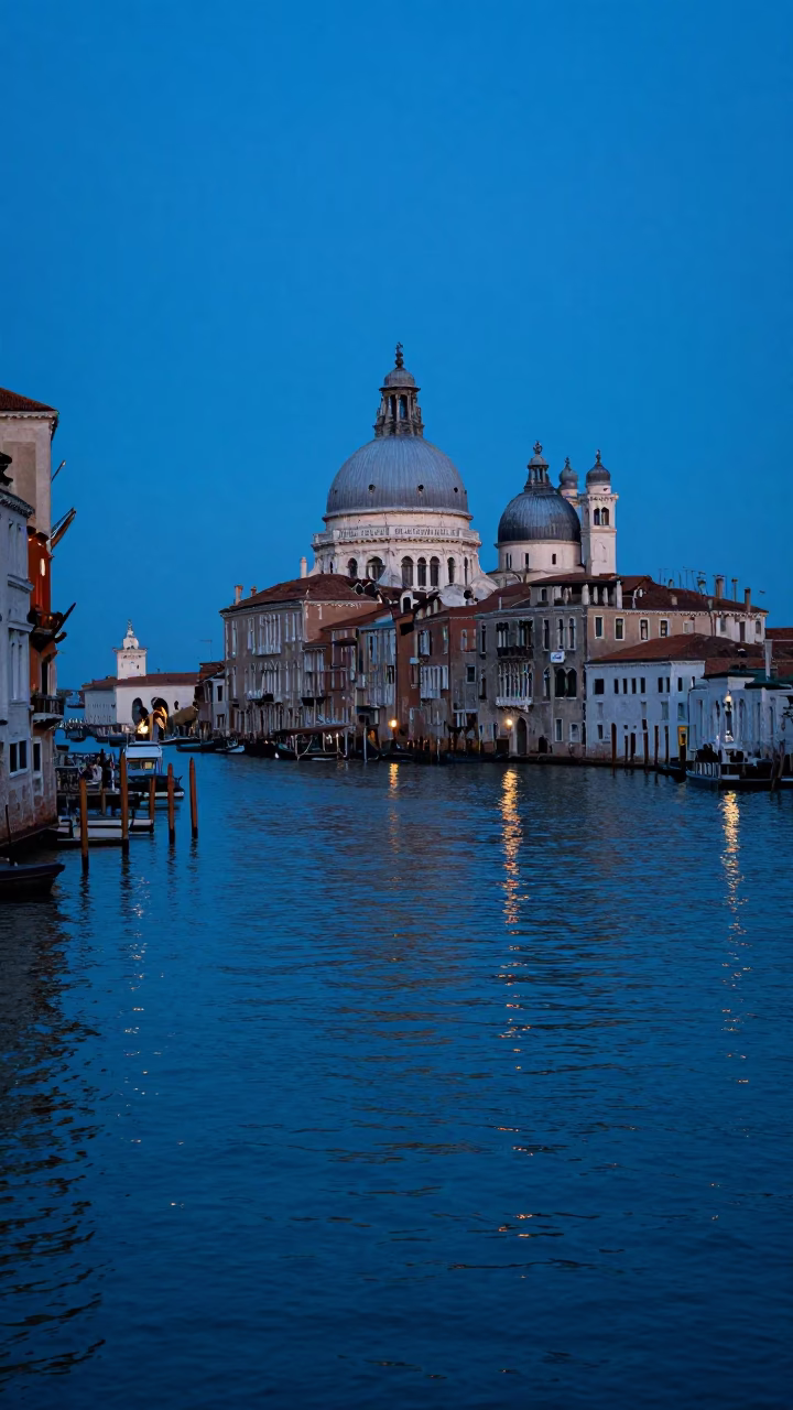Venice Italy Evening Blue Hour Grand Canal Water Reflections and Historic Architecture in in Venice, Italy