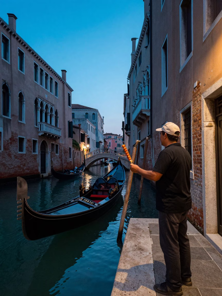 Venice Italy Evening Blue Hour Street Scene with Gondola and Dango Skewer in in Venice, Italy
