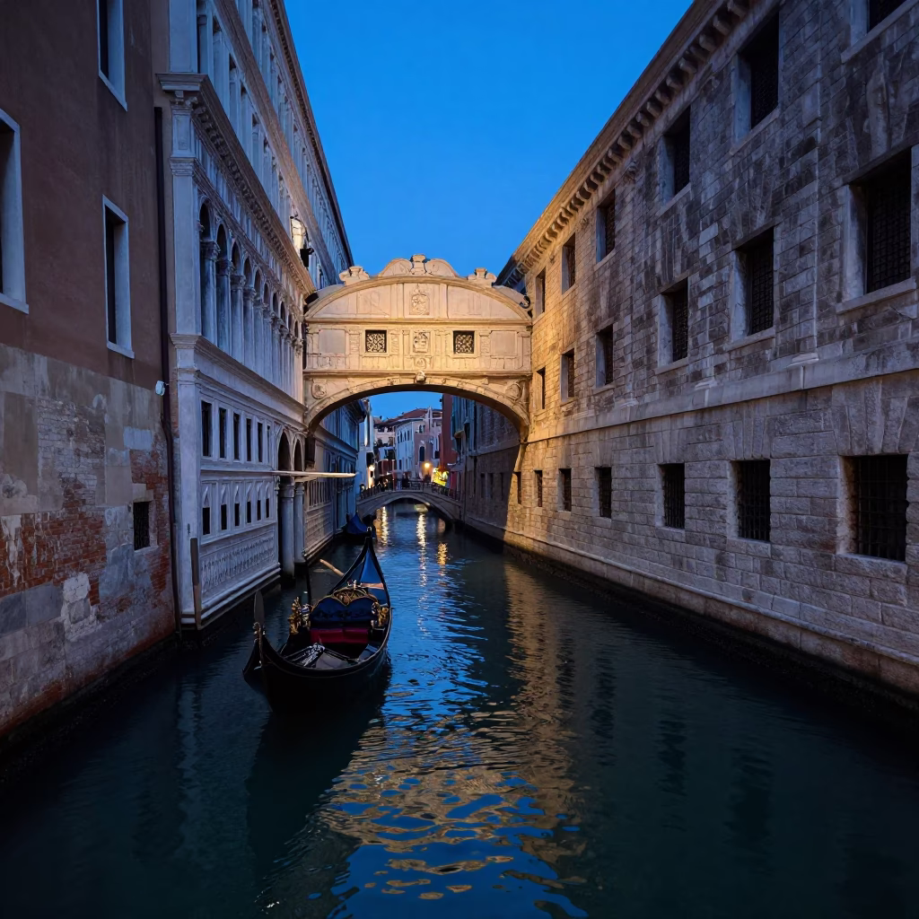 Venice Italy Evening Blue Hour Street Scene with Gondola and Tourists in in Venice, Italy