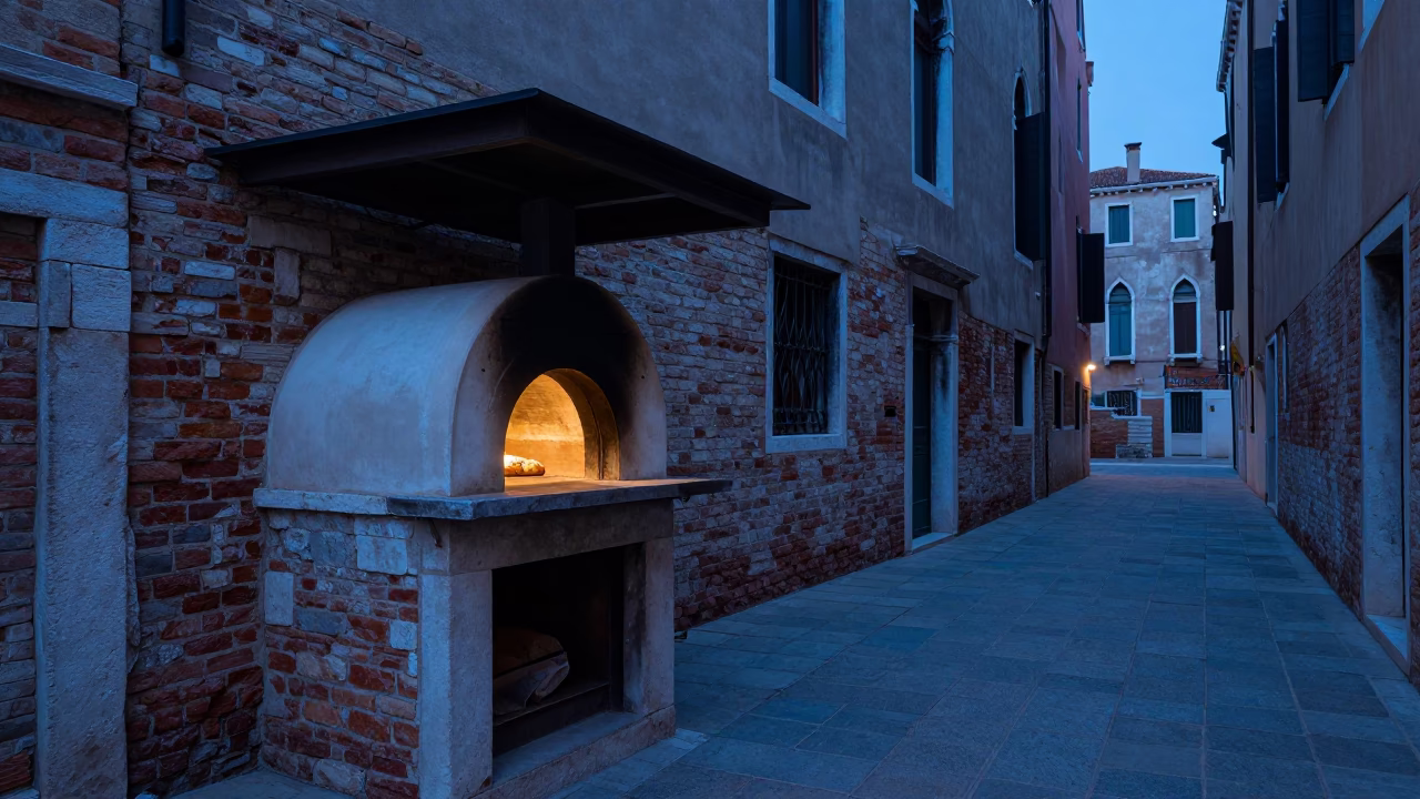 Venice Italy evening blue hour street scene with traditional bread oven and local interaction in in Venice, Italy