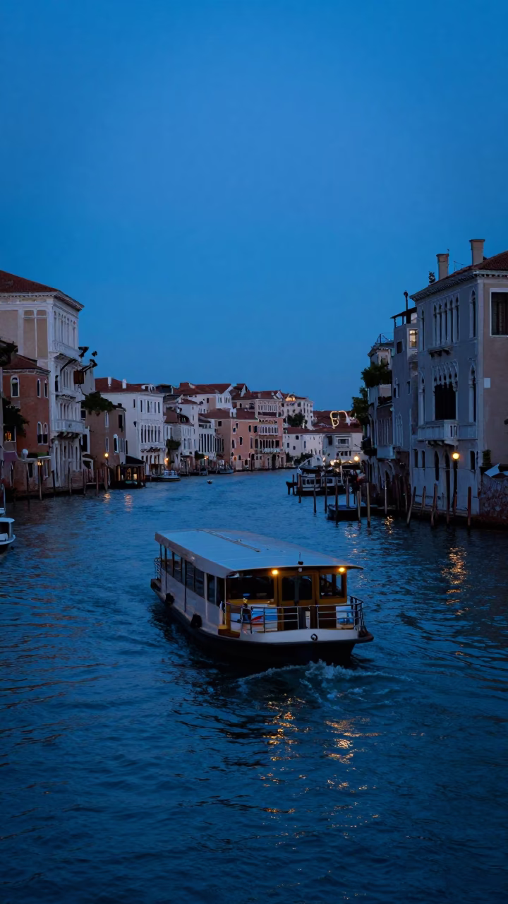 Venice Italy Evening Blue Hour Street Scene with Vaporetto and Doge's Palace in in Venice, Italy