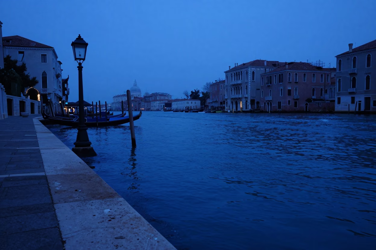 Venice Italy Evening Blue Hour Waterfront Scene with Glass and Wicker in in Venice, Italy