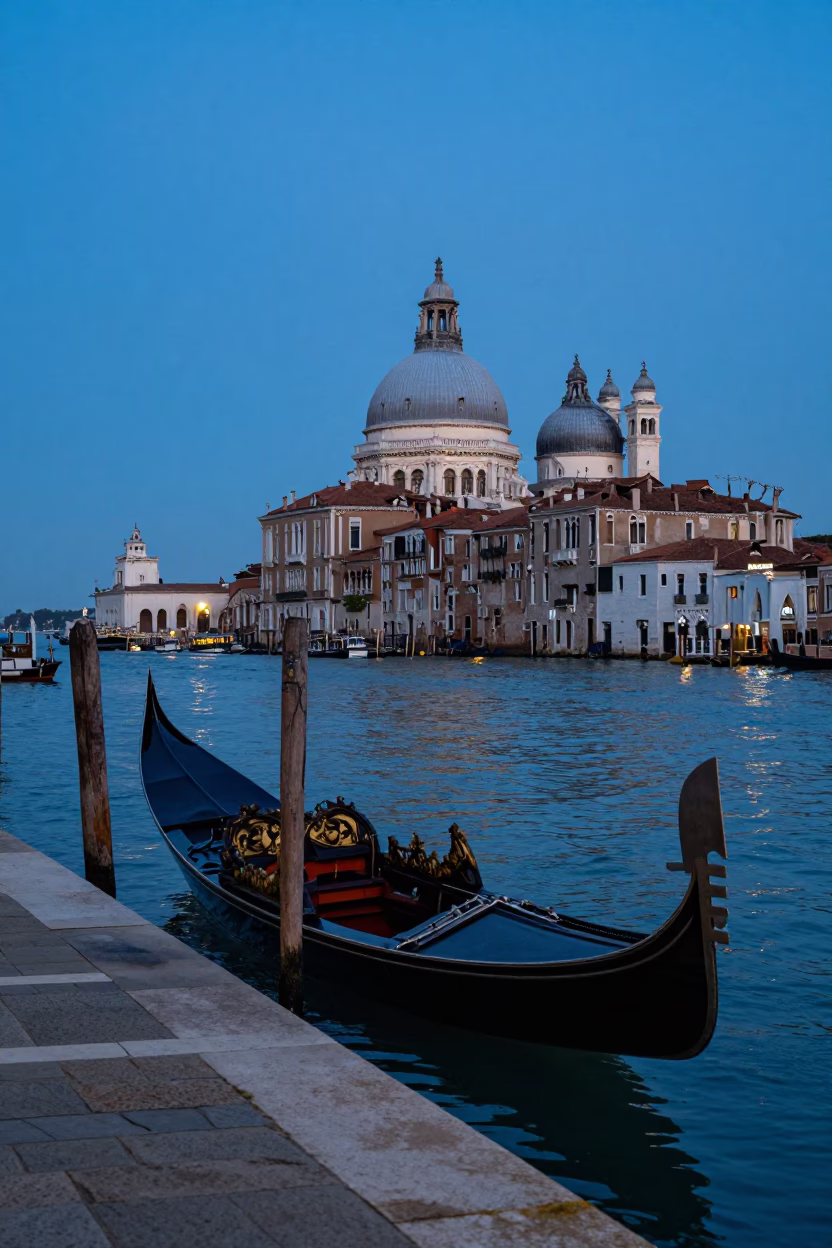 Venice Italy Evening Blue Hour Waterfront Stroll with Glass Art and Gondola in in Venice, Italy