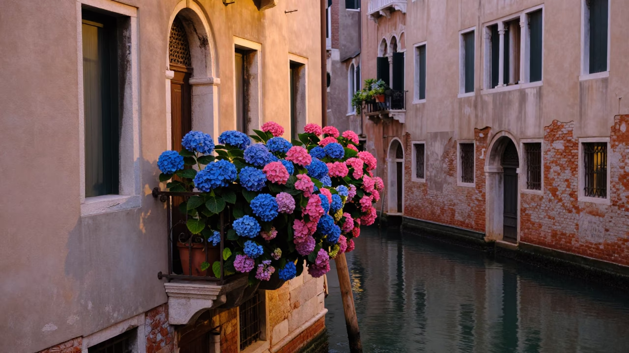 Venice Italy Evening Canal Scene with Blue Hydrangeas and Traditional Architecture in in Venice, Italy