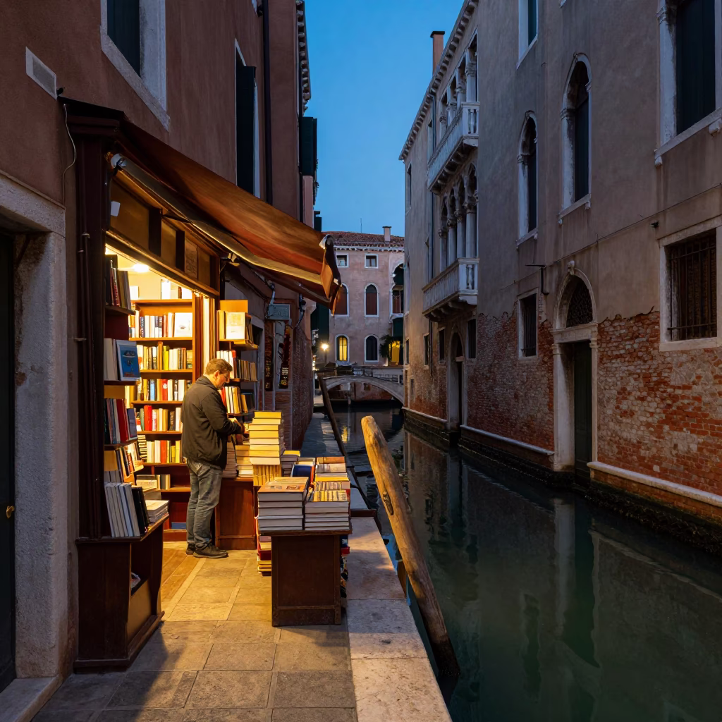 Venice Italy Evening Canal Scene with Bookshop and Historic Architecture in in Venice, Italy