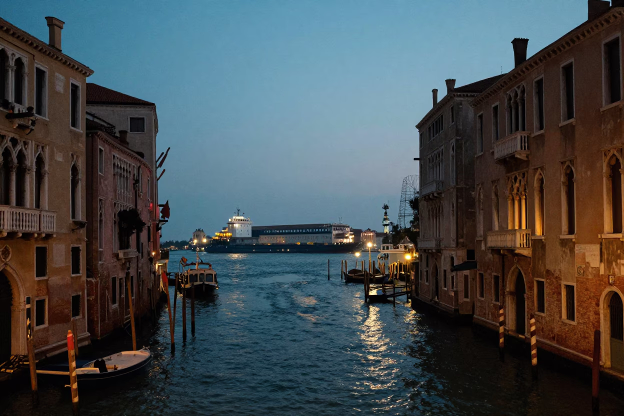 Venice Italy Evening Canal Scene with Cargo Ship and Local Life in in Venice, Italy