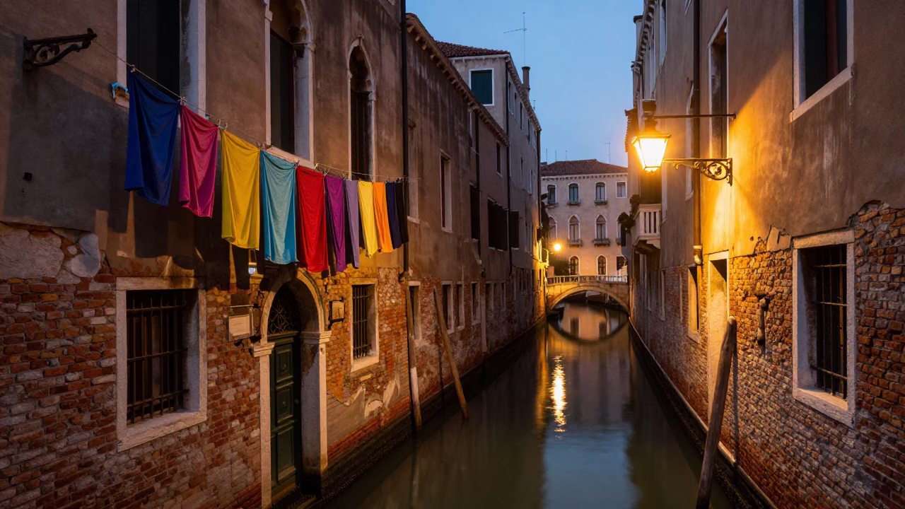 Venice Italy evening canal scene with colorful laundry and glowing city lights in in Venice, Italy