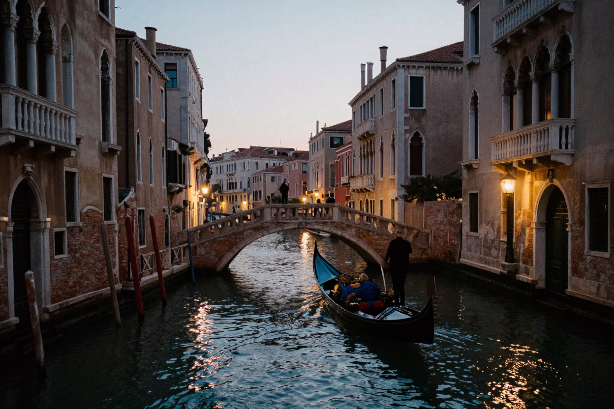 Venice Italy Evening Canal Scene with Gondola and City Lights Glow in in Venice, Italy