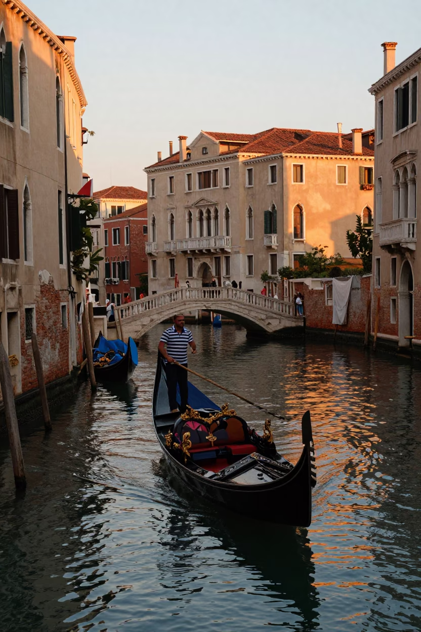 Venice Italy Evening Canal Scene with Gondola and Tourists in in Venice, Italy