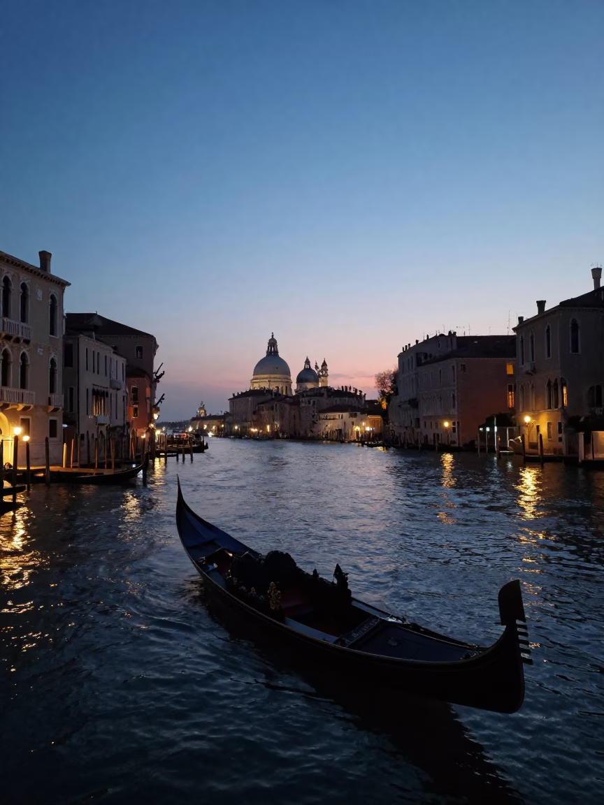 Venice Italy evening canal scene with gondola silhouettes and glowing city lights in in Venice, Italy