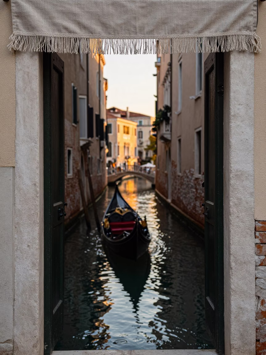 Venice Italy Evening Canal Scene with Linen Fringe Doorframe and Ladle in 1970s Style in in Venice, Italy