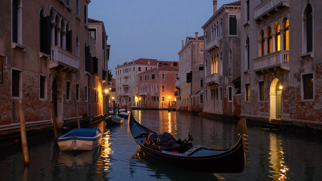 Venice Italy Evening Canal Scene with Reflections and Boats in in Venice, Italy