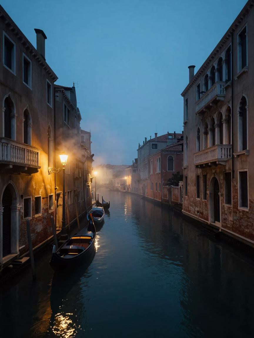 Venice Italy Evening Canal Scene with Steam Haze and Latch Details at Blue Hour in in Venice, Italy