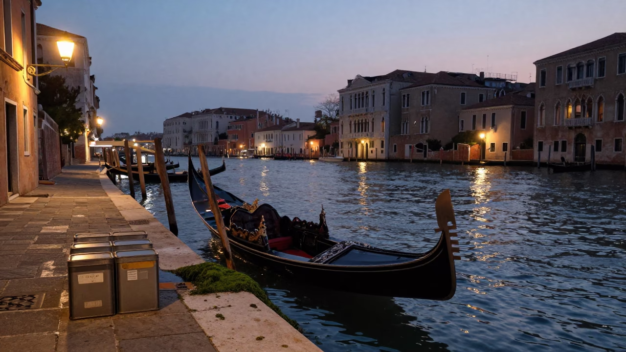 Venice Italy Evening Canal Scene with Storage Tins and Waterfront Reflections in in Venice, Italy