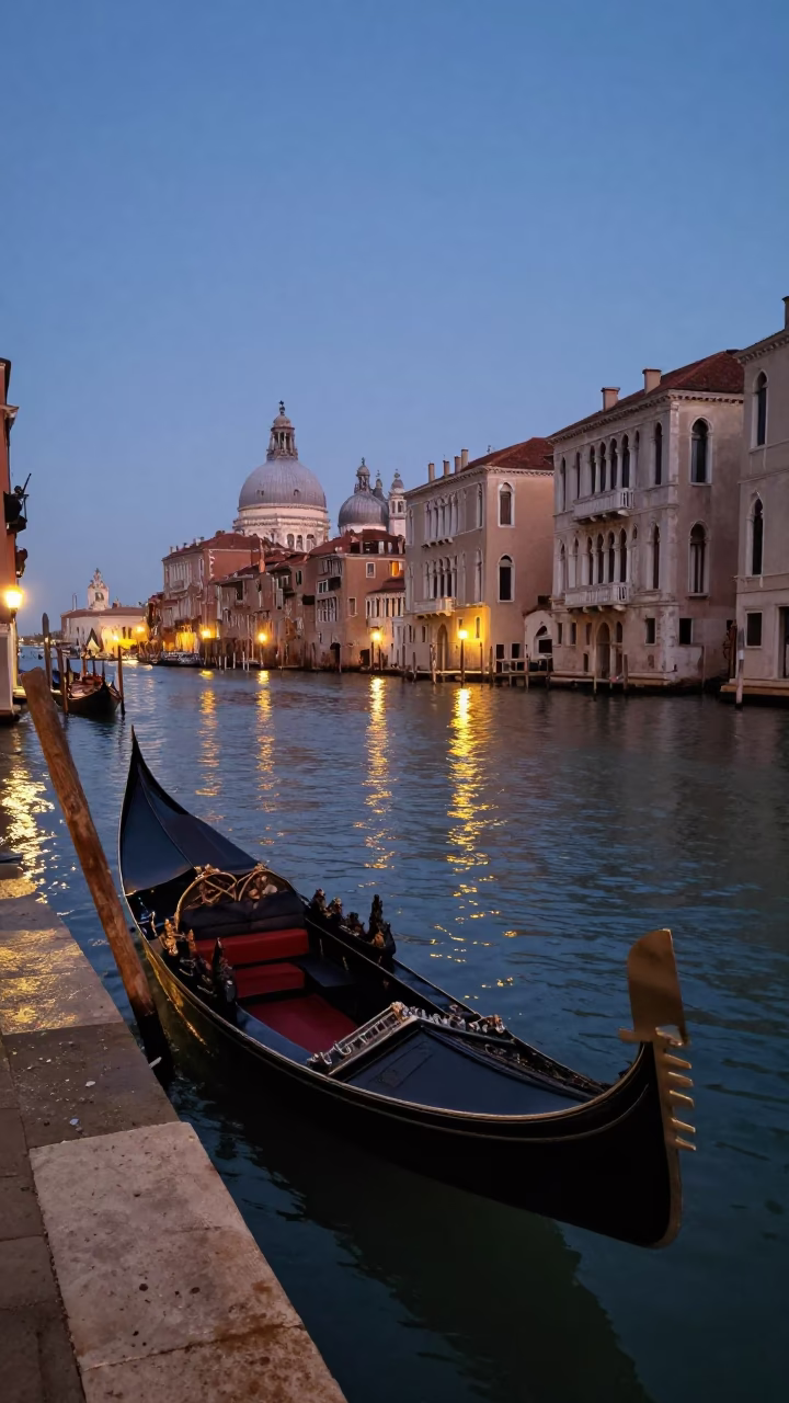 Venice Italy Evening Canal Scene with Traditional Gondola and Historic Architecture in in Venice, Italy