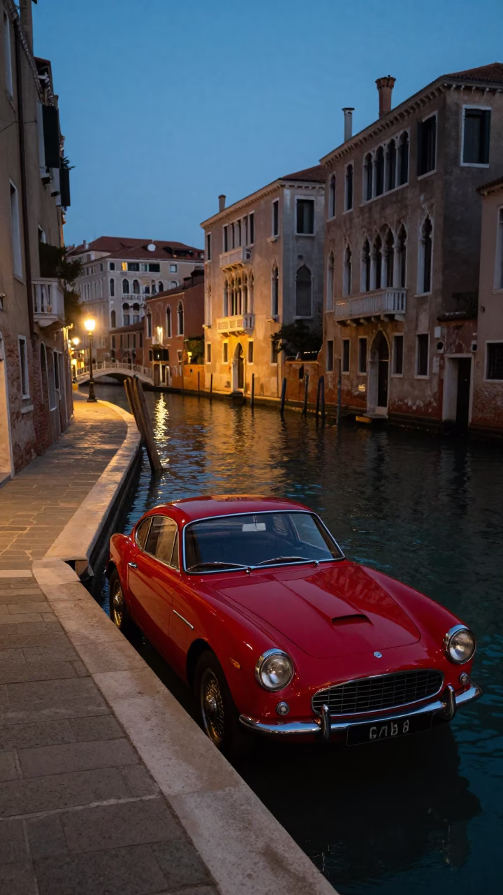 Venice Italy Evening Canal Scene with Vintage Car and Pruning Shears in in Venice, Italy
