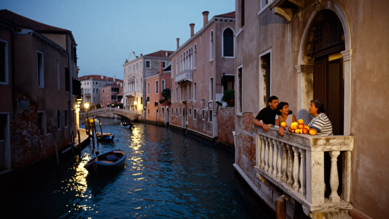 Venice Italy Evening Canal Scene with Water Rings and Nectarines on Balcony in in Venice, Italy