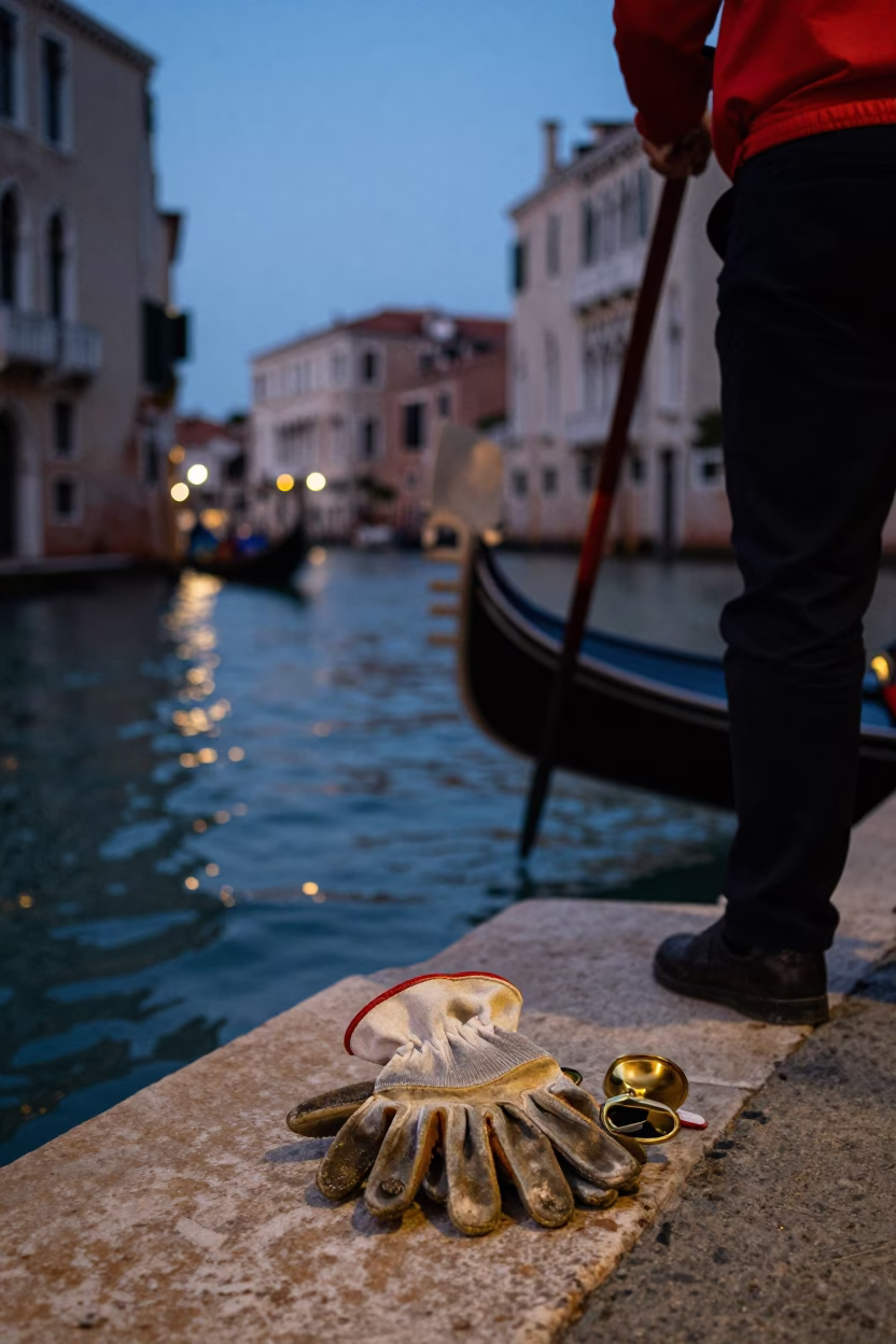 Venice Italy Evening Canal Scene with Work Gloves and Brass Basin in in Venice, Italy
