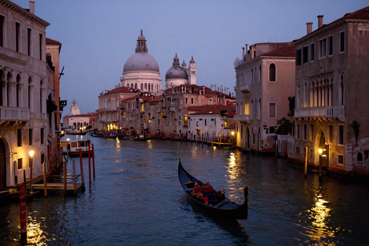 Venice Italy evening canal view with gondola and city lights glowing at dusk in in Venice, Italy