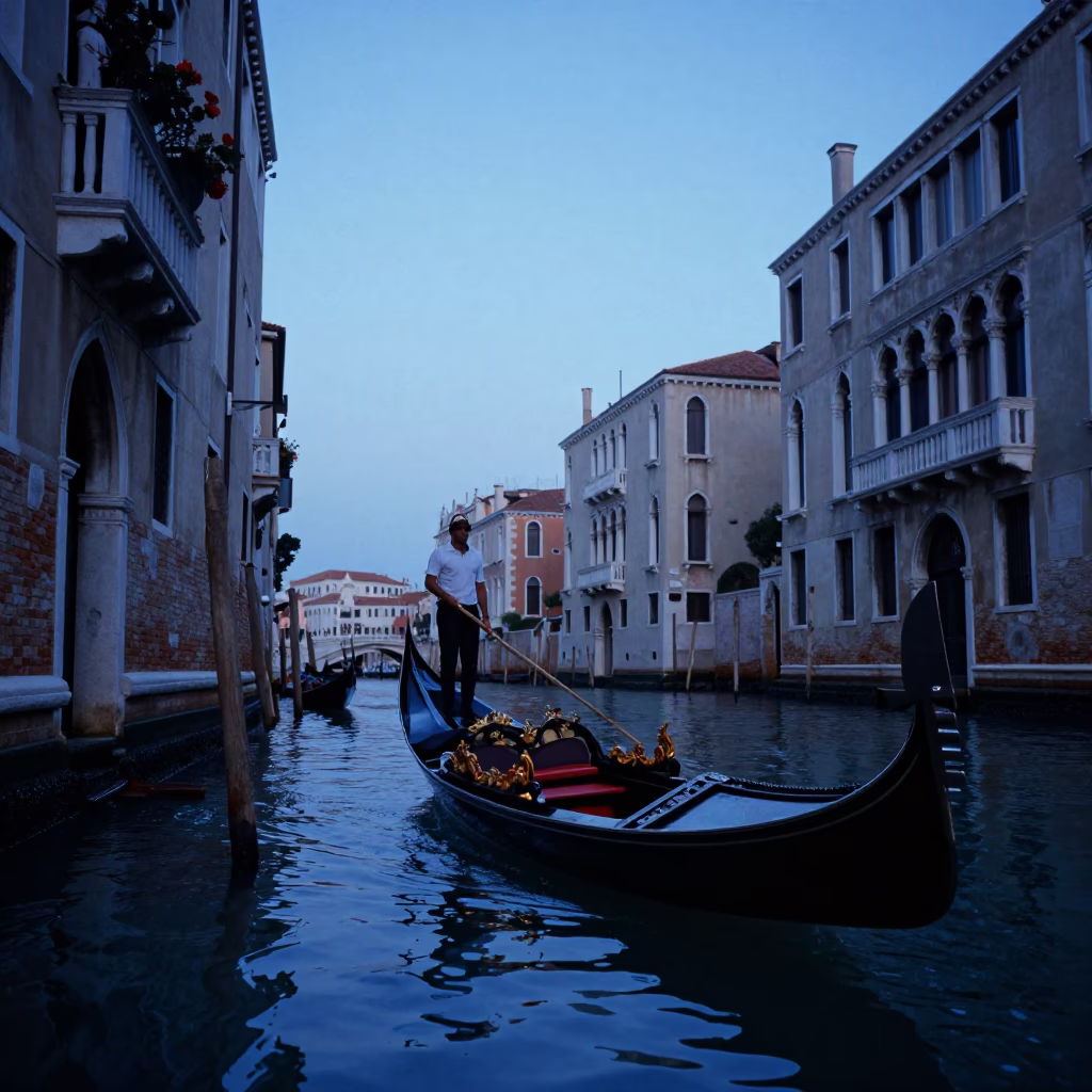 Venice Italy Evening Gondola Ride Under Blue Hour Sky with Historic Architecture in in Venice, Italy