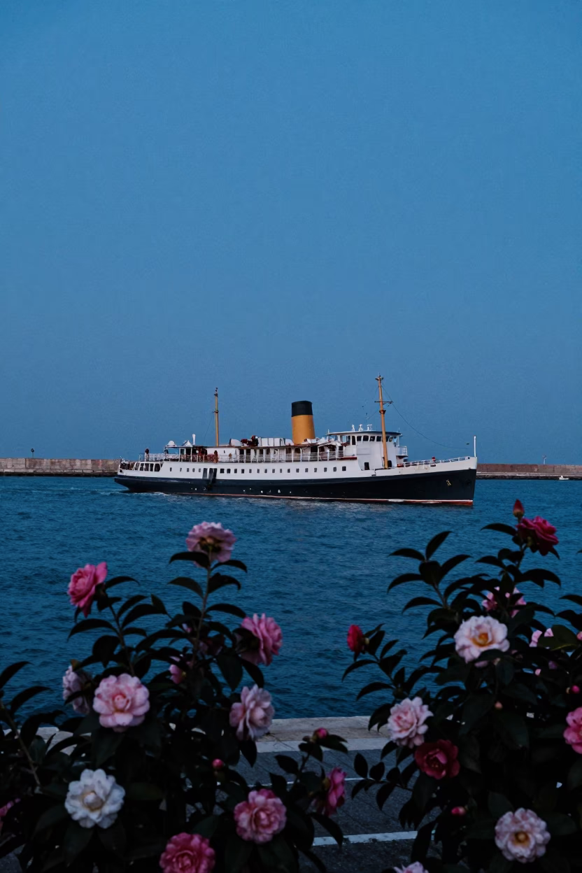 Venice Italy Evening Harbor Steamship and Blue Hour Sky with Camellia Flowers in in Venice, Italy
