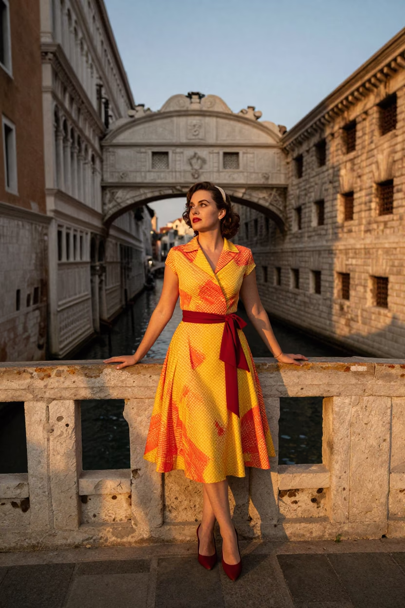 Venice Italy Evening Light Fashion Portrait on Historic Bridge with Local Details in in Venice, Italy