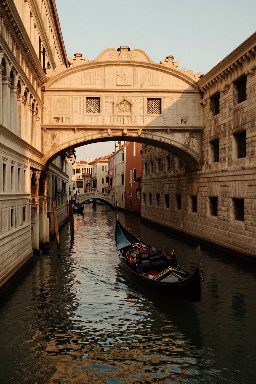 Venice Italy Evening Light Grand Canal Gondola Bridge Reflection in in Venice, Italy