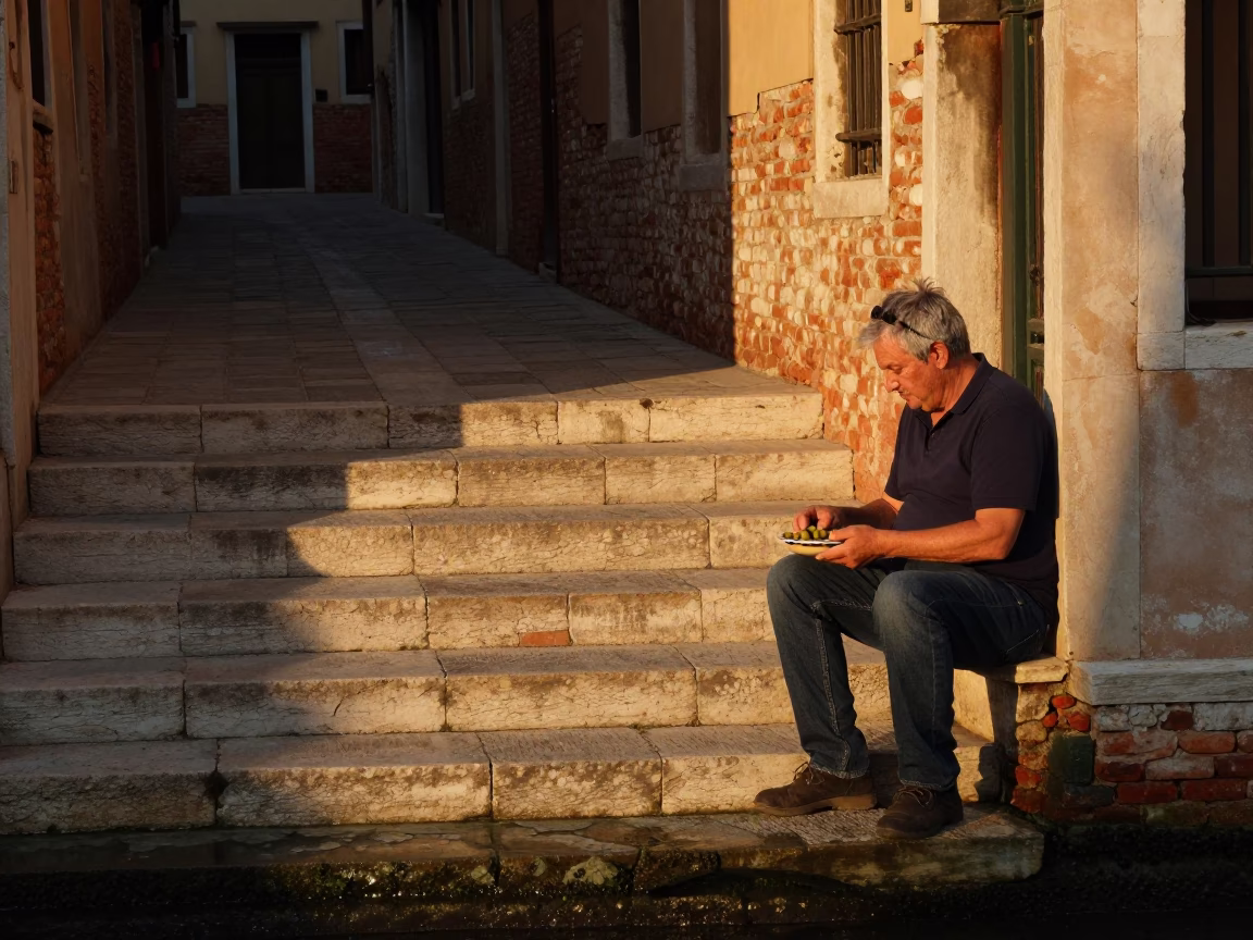 Venice Italy evening light on canal stone steps with local resident and olive dish in in Venice, Italy