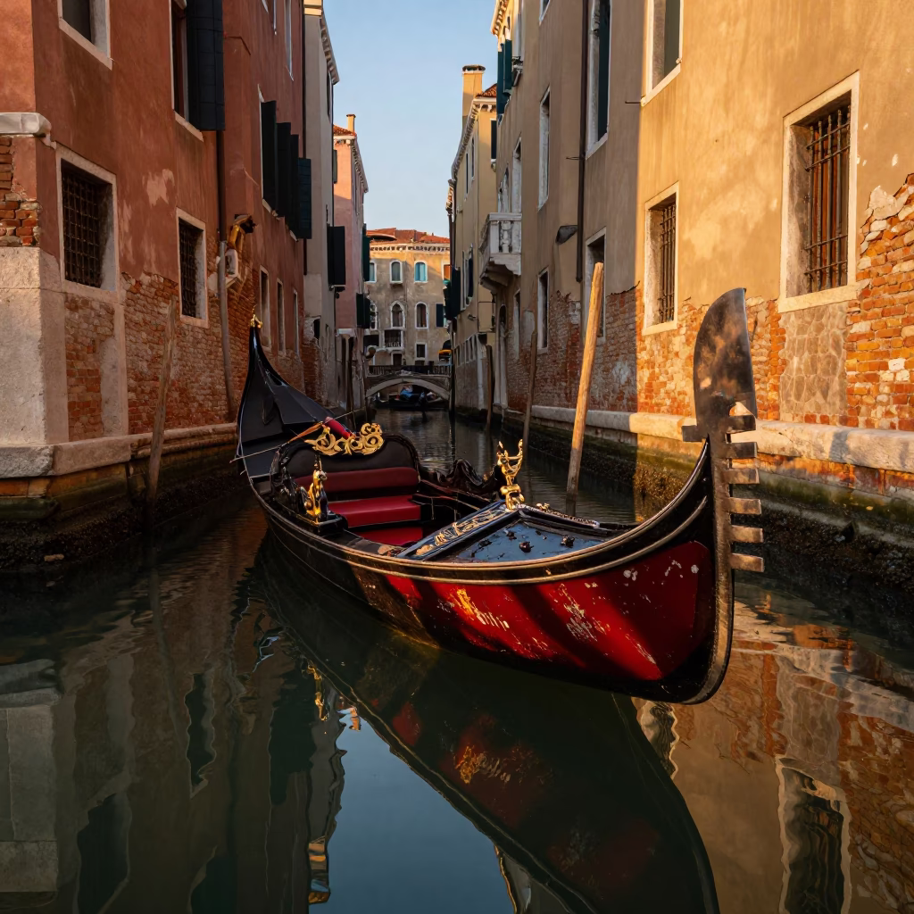 Venice Italy Evening Light Scuffed Painted Wood Gondola Canal Reflection in in Venice, Italy