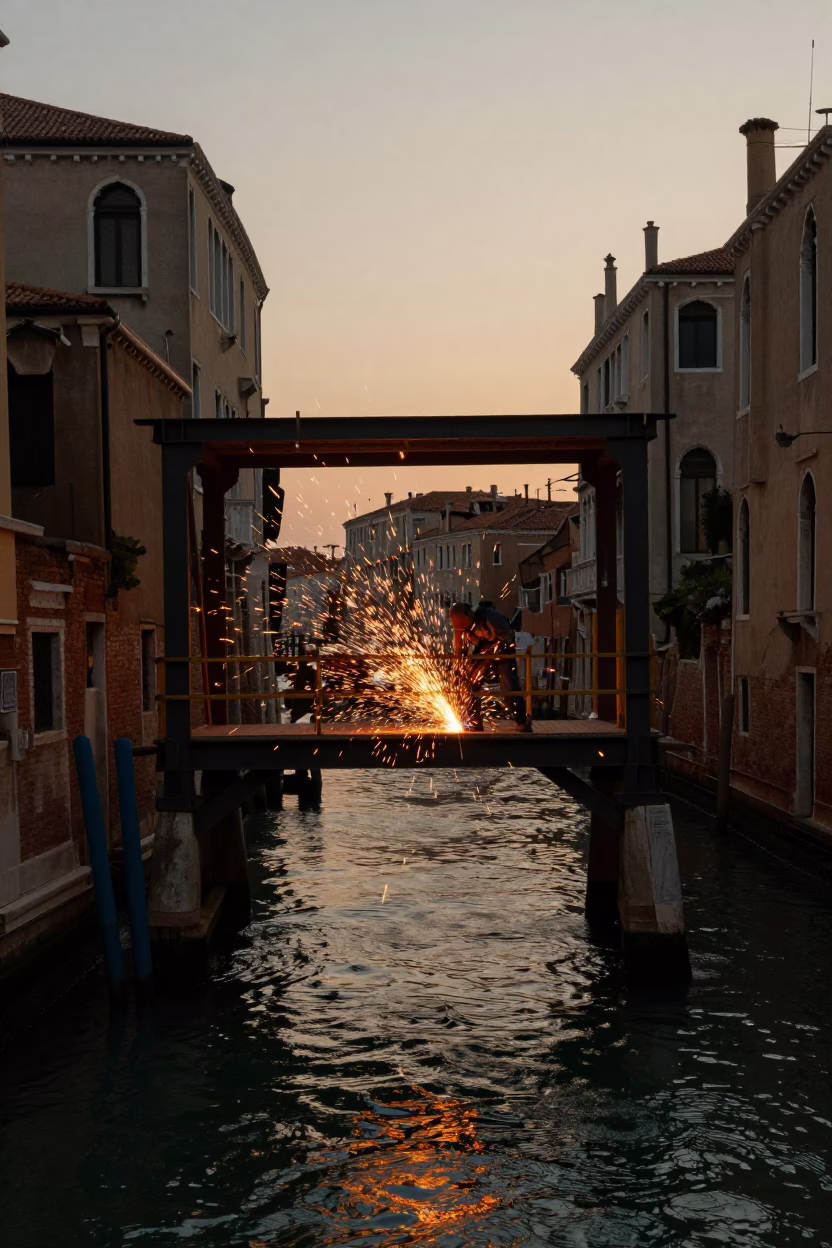 Venice Italy Evening Light Welding Sparks Bridge Construction Water in in Venice, Italy