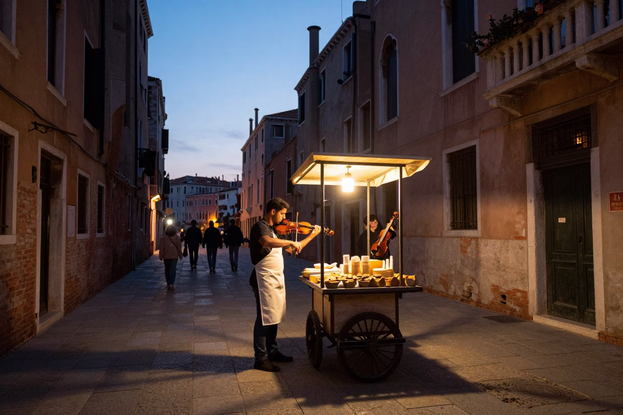 Venice Italy Evening Street Scene with Baker and Violin at Dusk in in Venice, Italy