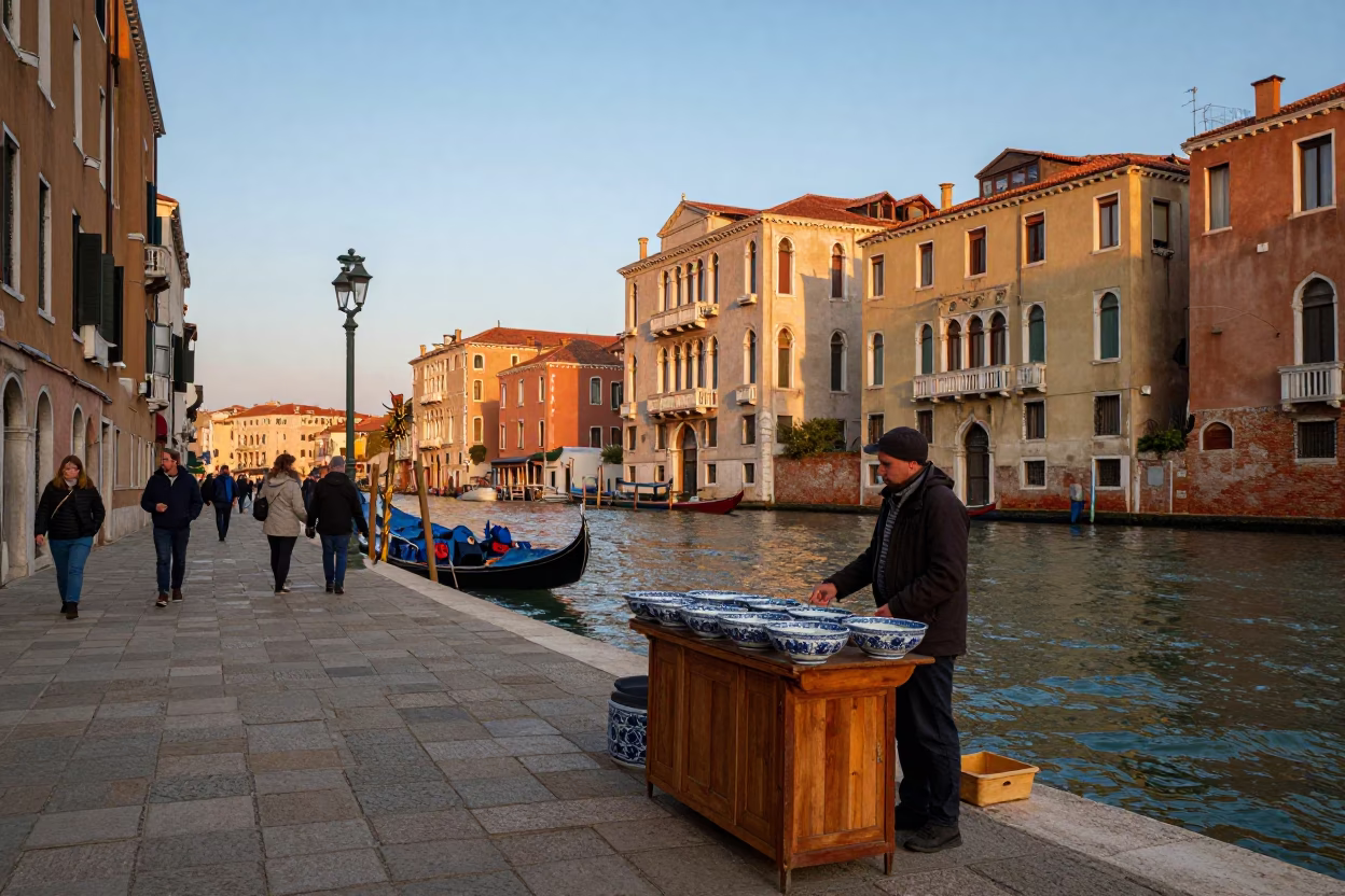 Venice Italy Evening Street Scene with Blue White Porcelain Bowl and Basil Pot in in Venice, Italy
