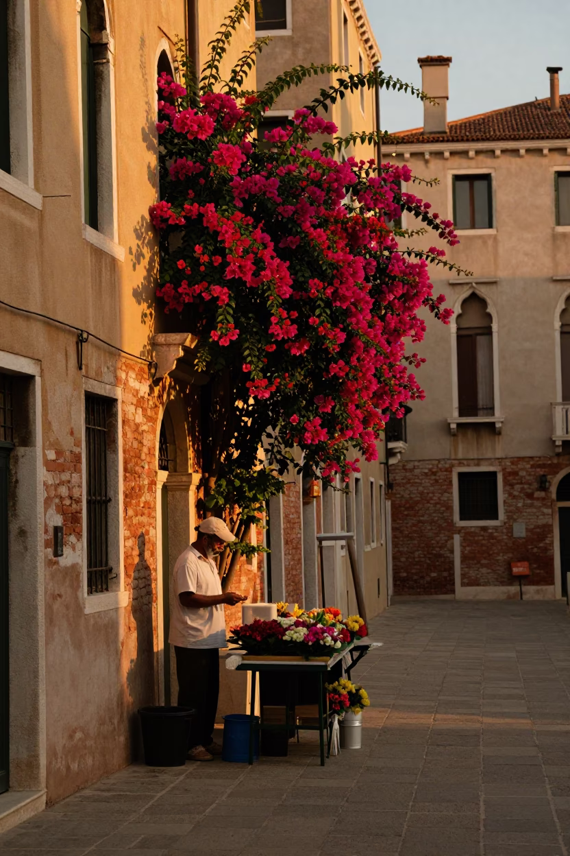 Venice Italy Evening Street Scene with Bougainvillea and Local Life in in Venice, Italy