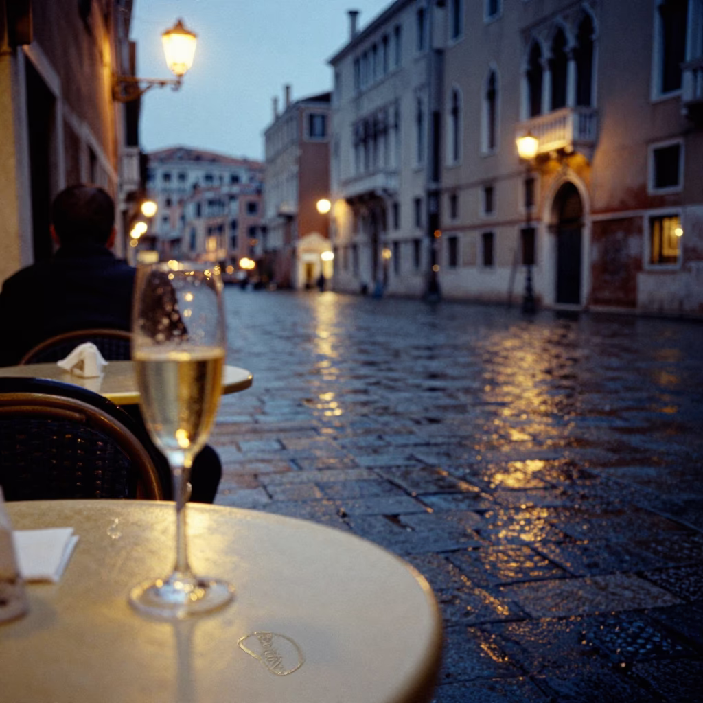 Venice Italy Evening Street Scene with Glass of Champagne and Plate on Cafe Table in in Venice, Italy