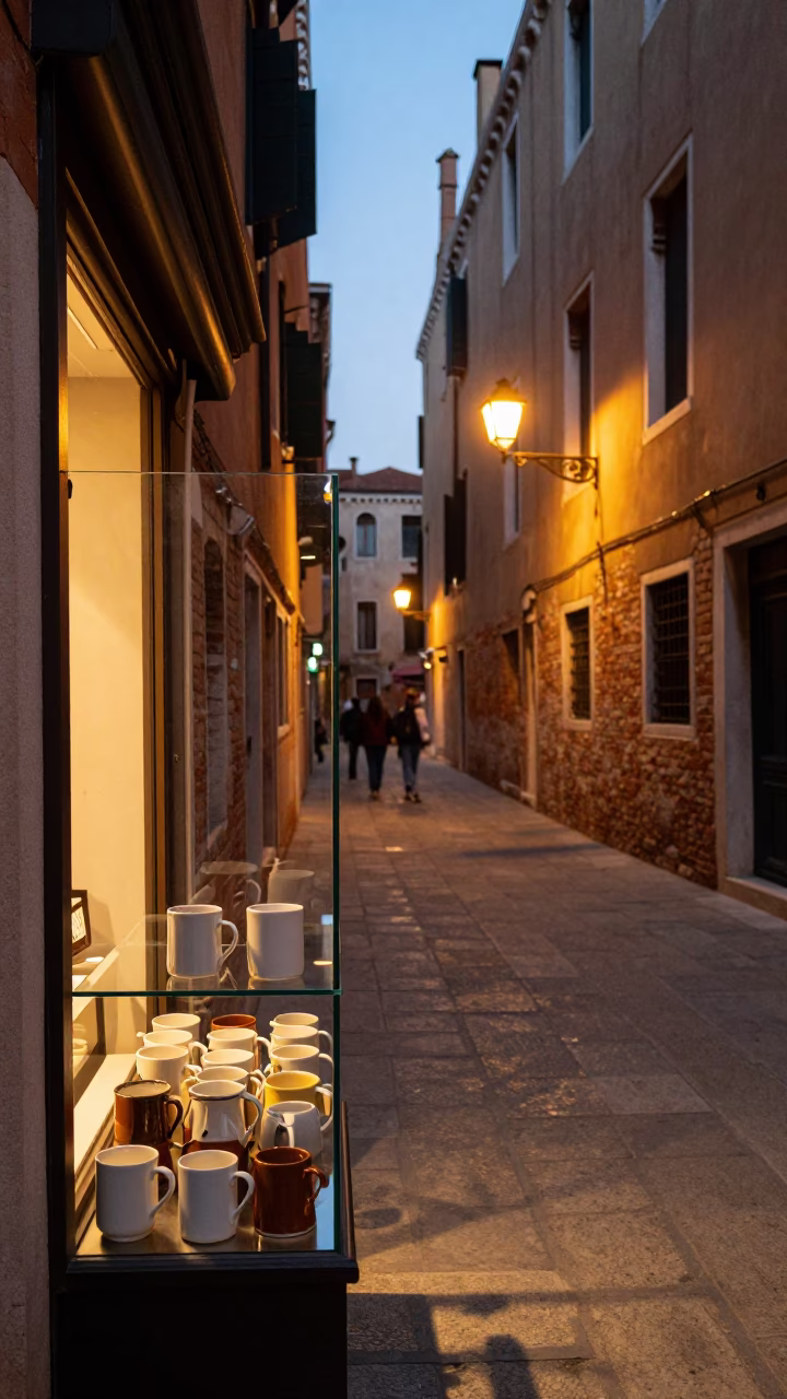 Venice Italy Evening Street Scene with Glass Shelf and Mug in in Venice, Italy