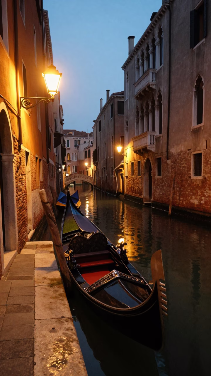 Venice Italy evening street scene with gondola and canal lights in in Venice, Italy