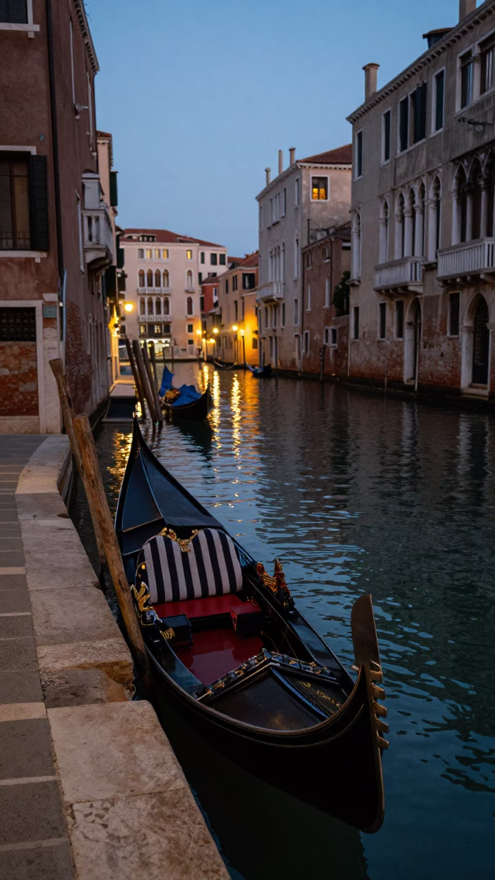 Venice Italy Evening Street Scene with Gondola and Canal Reflections in in Venice, Italy