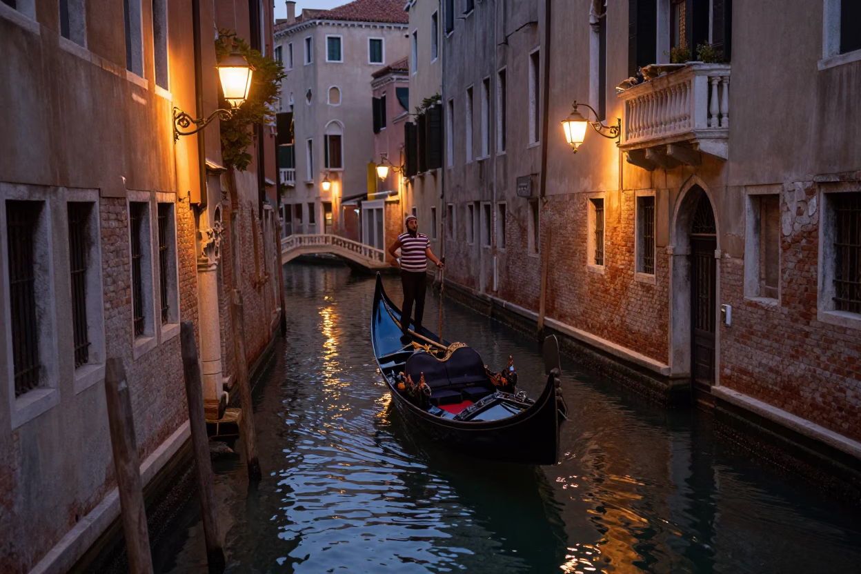 Venice Italy Evening Street Scene with Gondola and Gondolier at Dusk in in Venice, Italy