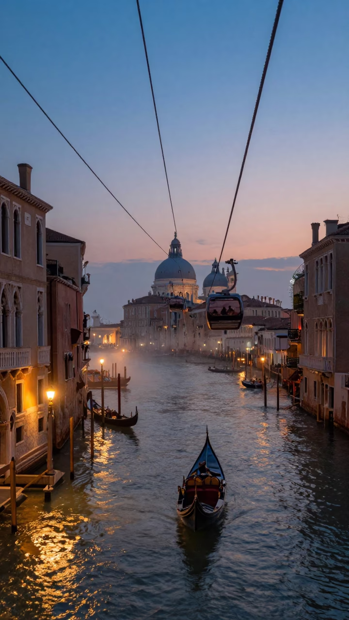 Venice Italy Evening Street Scene with Gondola Lift and City Lights in in Venice, Italy