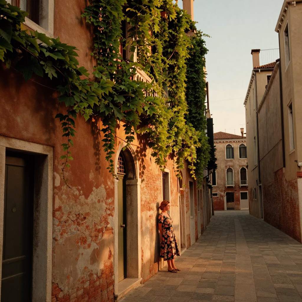 Venice Italy Evening Street Scene with Ivy Vines and Local Life in in Venice, Italy