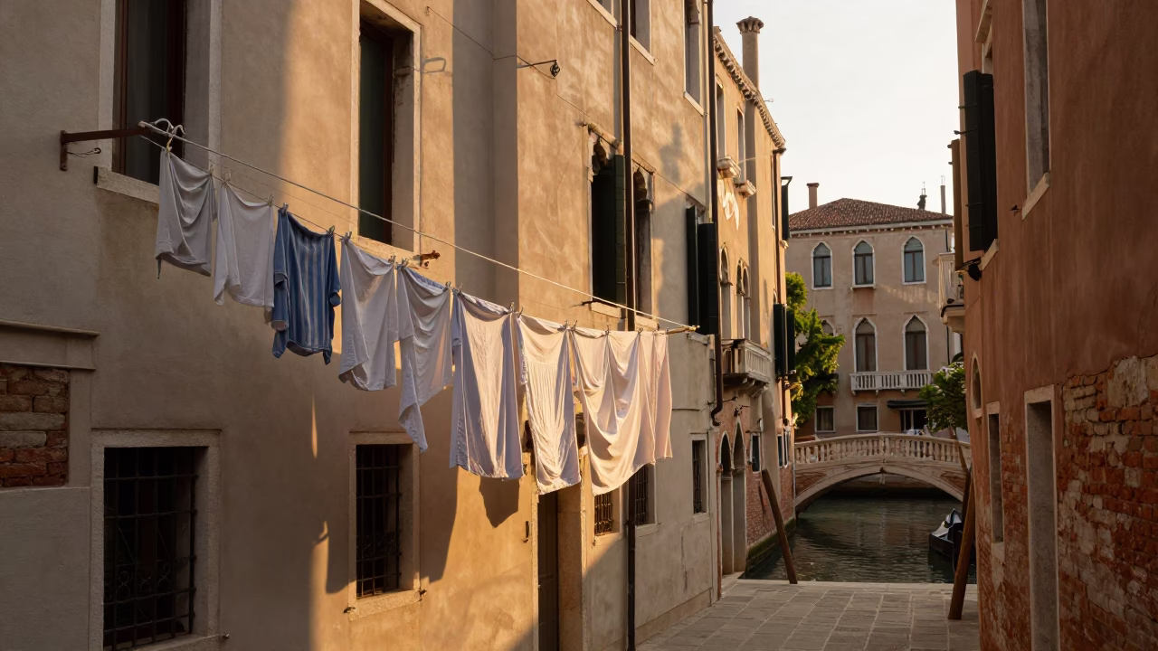 Venice Italy Evening Street Scene with Laundry Lines and Local Life in in Venice, Italy