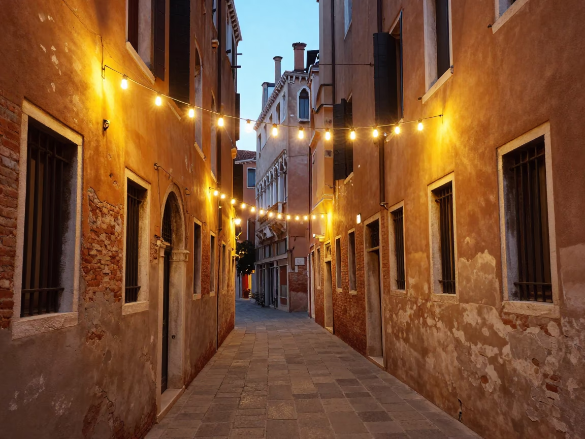 Venice Italy Evening Street Scene with String Lights and Historic Architecture in in Venice, Italy