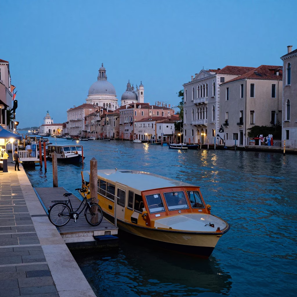 Venice Italy Evening Water Taxi Dock with Bicycle and Muralist Swatches in in Venice, Italy