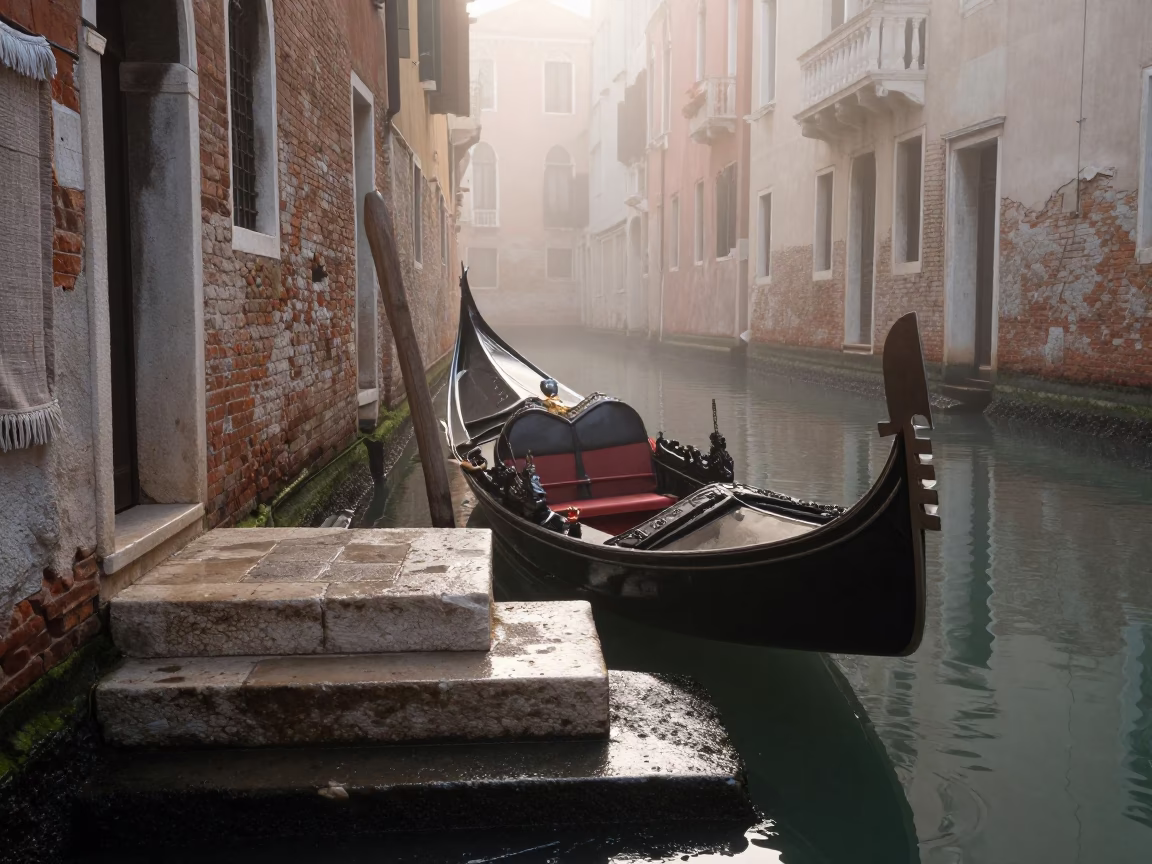 Venice Italy First Light Canal Scene with Linen Fringe Detail in in Venice, Italy