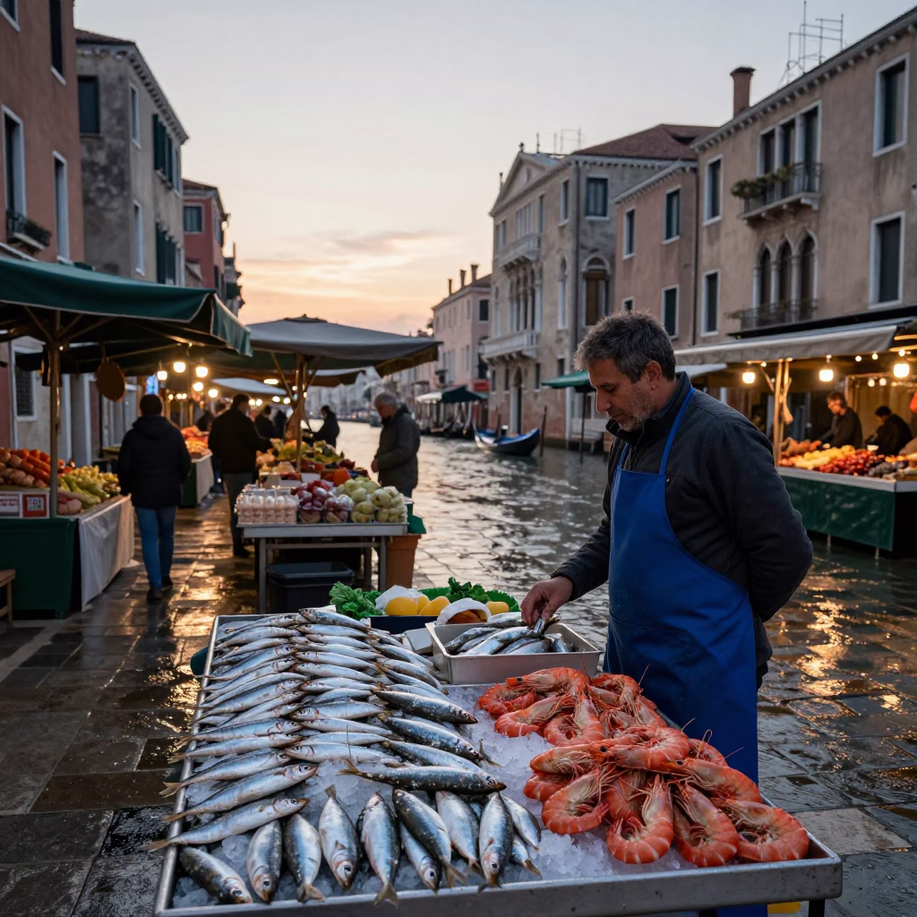 Venice Italy First Light Dawn Bustling Cannaregio Market Stalls and Colorful Seafood Display in in Venice, Italy