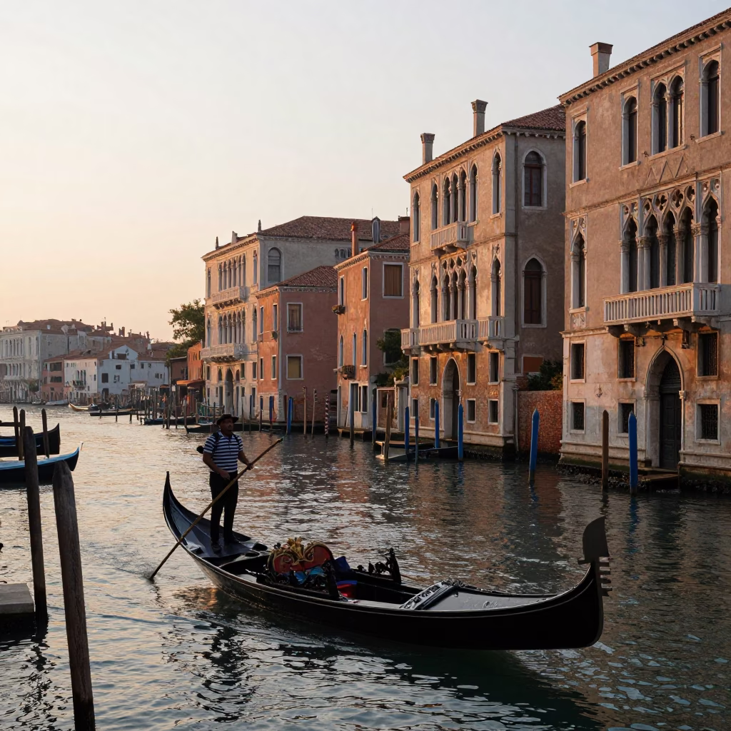Venice Italy first light dawn canal scene with gondola and historic architecture in in Venice, Italy