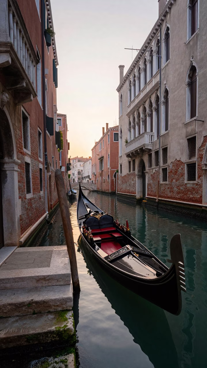 Venice Italy first light dawn canal scene with traditional gondola and historic architecture in in Venice, Italy