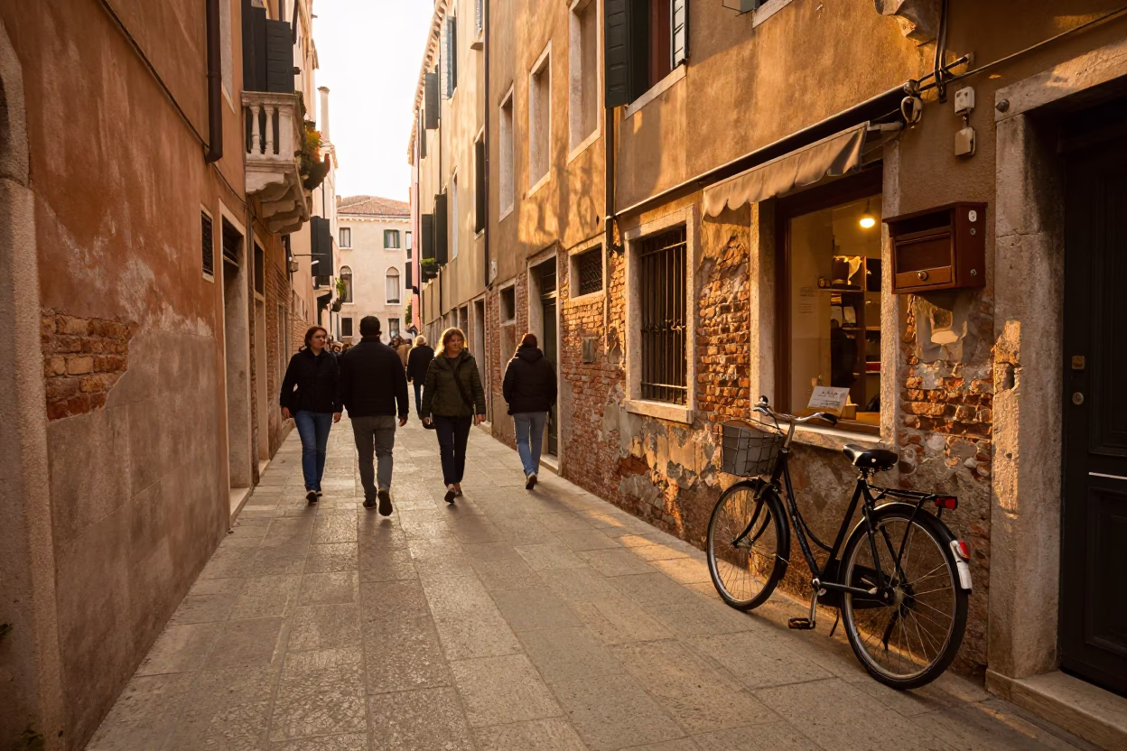 Venice Italy Golden Hour Busy Street Scene with Vintage Bicycle and Lockbox Near Rialto in in Venice, Italy